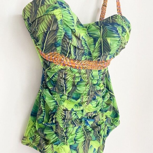 NEW Anita Tropical Leaf Print Ruched Detail Removable Strap One Piece Swimsuit S - Picture 3 of 8